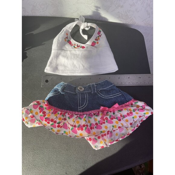 Build-A-Bear Workshop 2-Piece Outfit White Halter Top Denim Skirt Floral Print - Picture 5 of 7